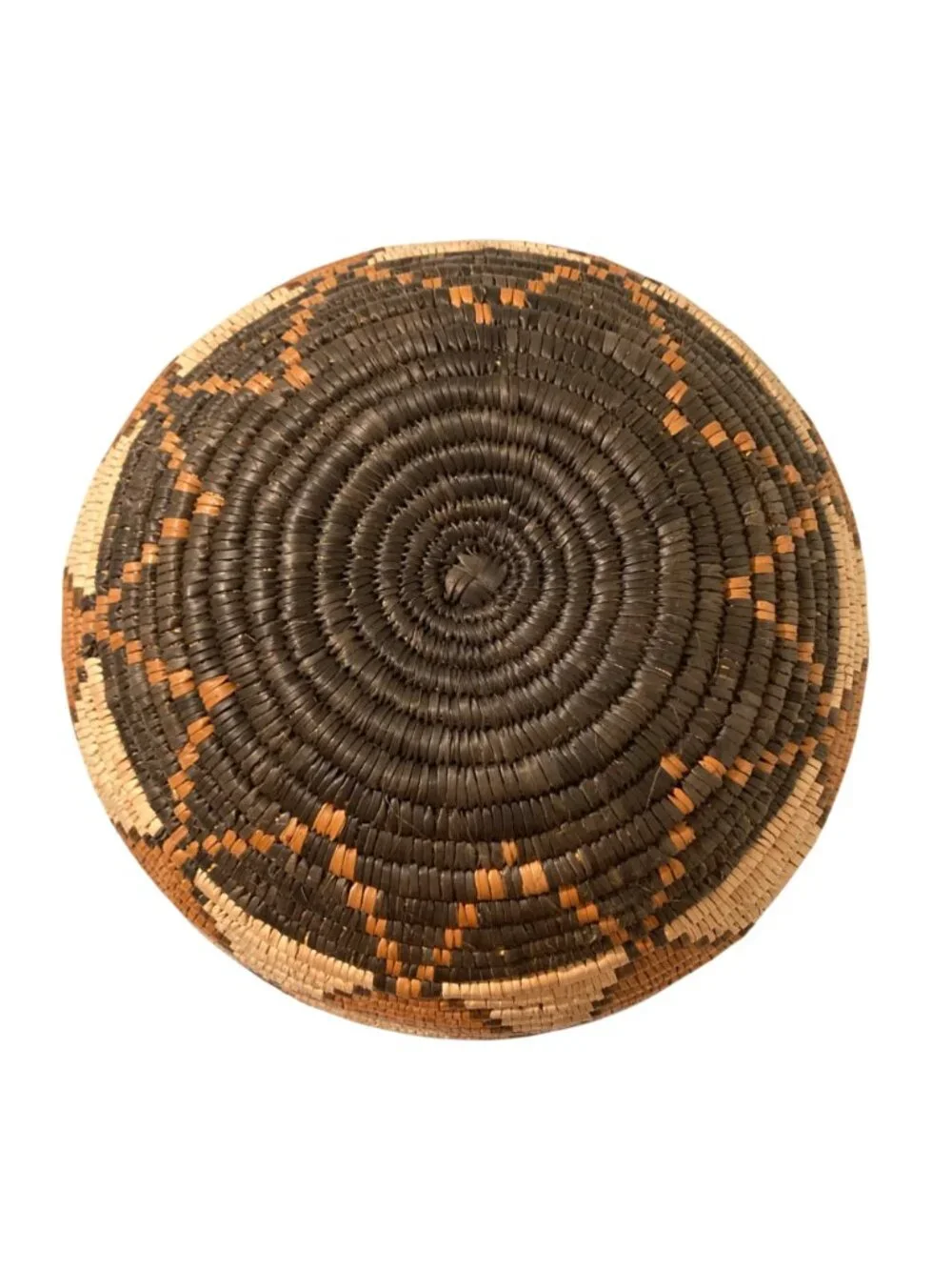 Vintage Handwoven Basket With Geometric Design In Earth Tone Colors